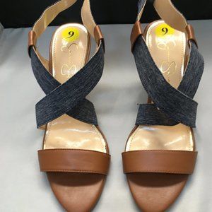 Strappy Sandal Denim and Leather 3.5" heel Size 9